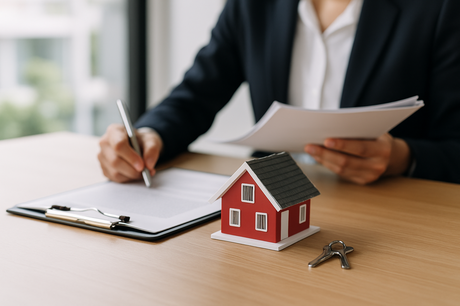 Documenti di mutuo su un tavolo con una miniatura di casa, a rappresentare il legame tra credito e mercato immobiliare