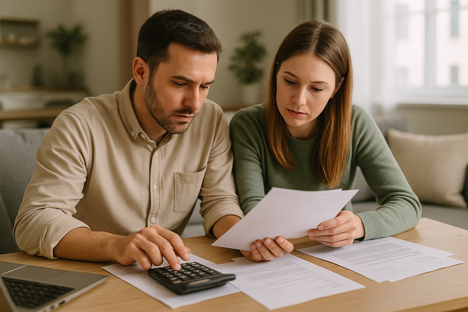 Coppia che calcola il budget familiare per valutare la rata del mutuo