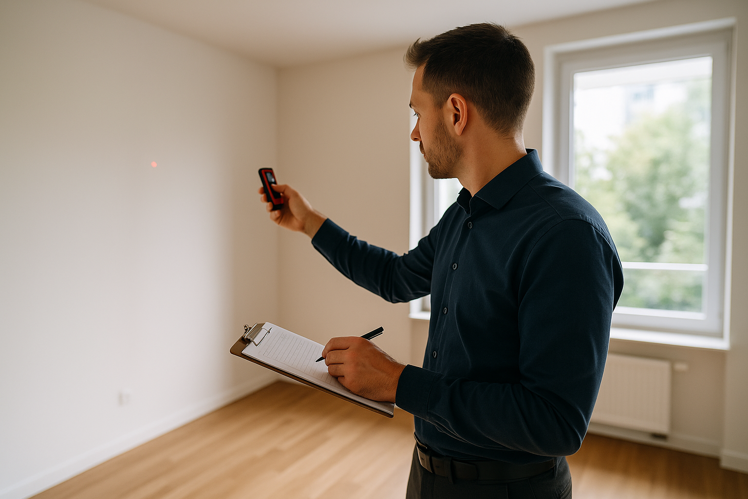 Tecnico durante una perizia immobiliare mentre misura una stanza per la valutazione dell’immobile ai fini del mutuo