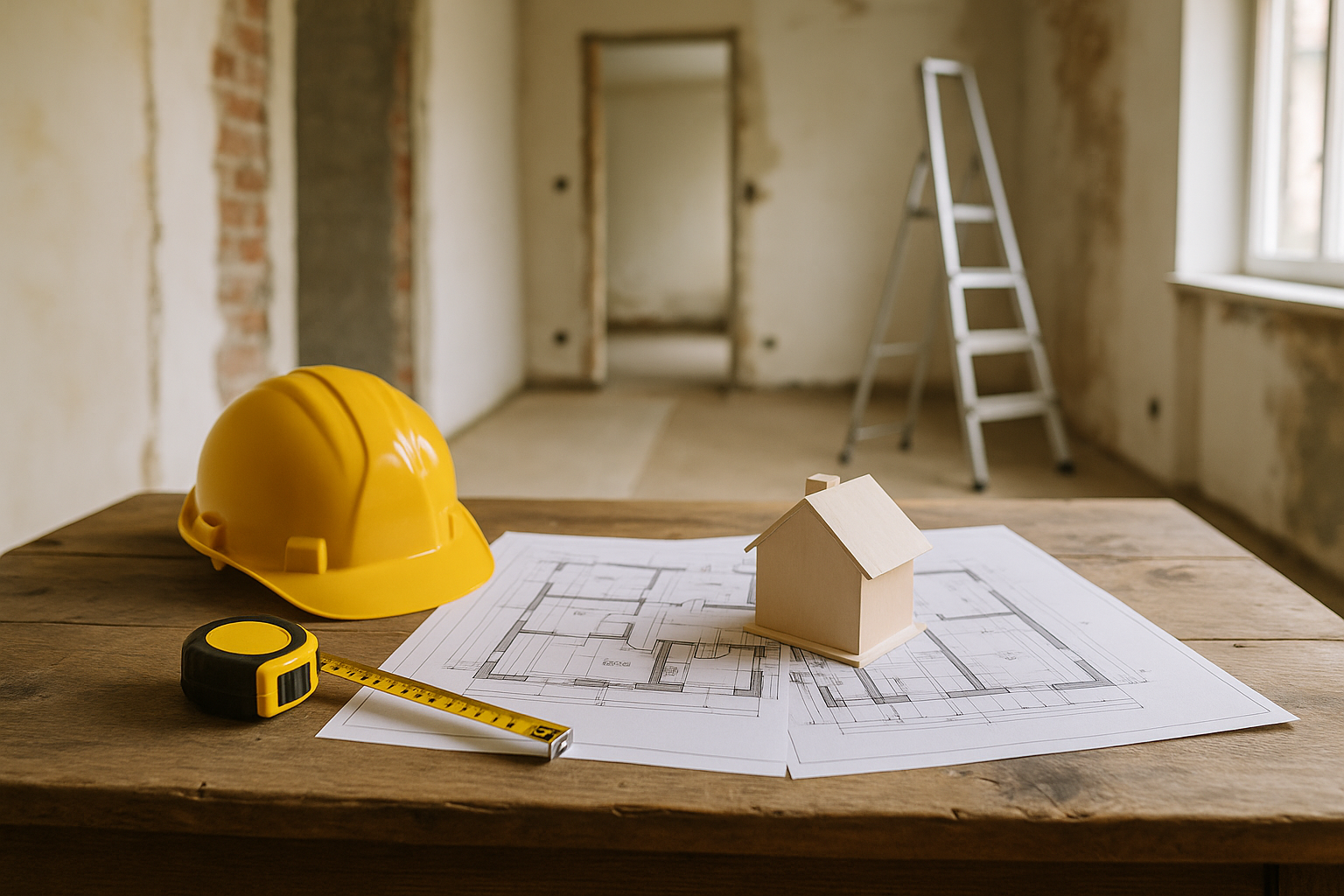 Tavolo con planimetrie e strumenti da cantiere in un interno domestico in ristrutturazione