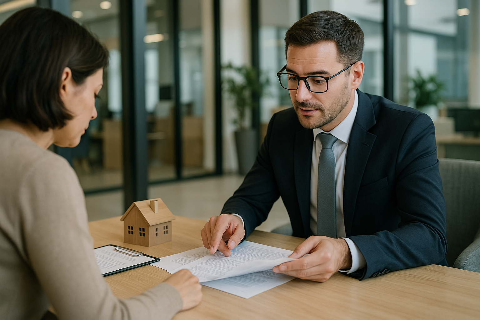 Consulente bancario e cliente valutano una richiesta di mutuo con documenti e calcolatrice su un tavolo