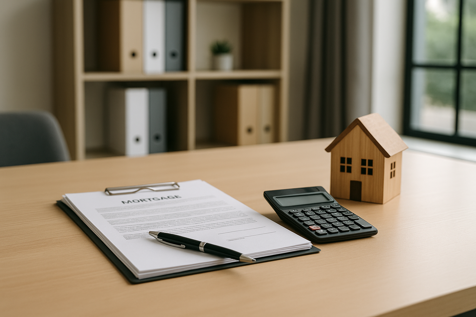 Documenti e calcolatrice su un tavolo in un ufficio moderno, concetto di mutuo e finanziamento immobiliare