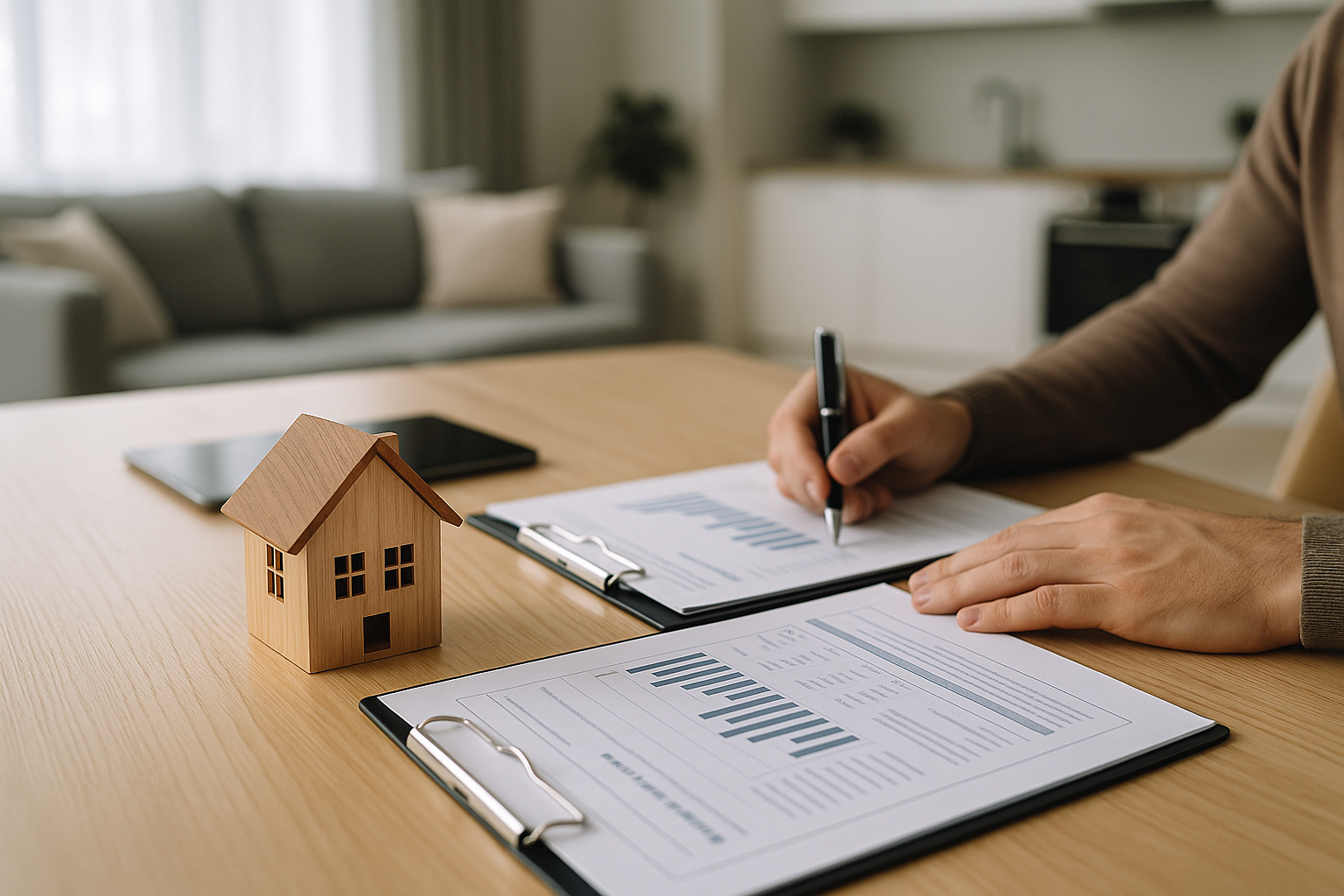 Documenti di mutuo e budget familiare su un tavolo in casa