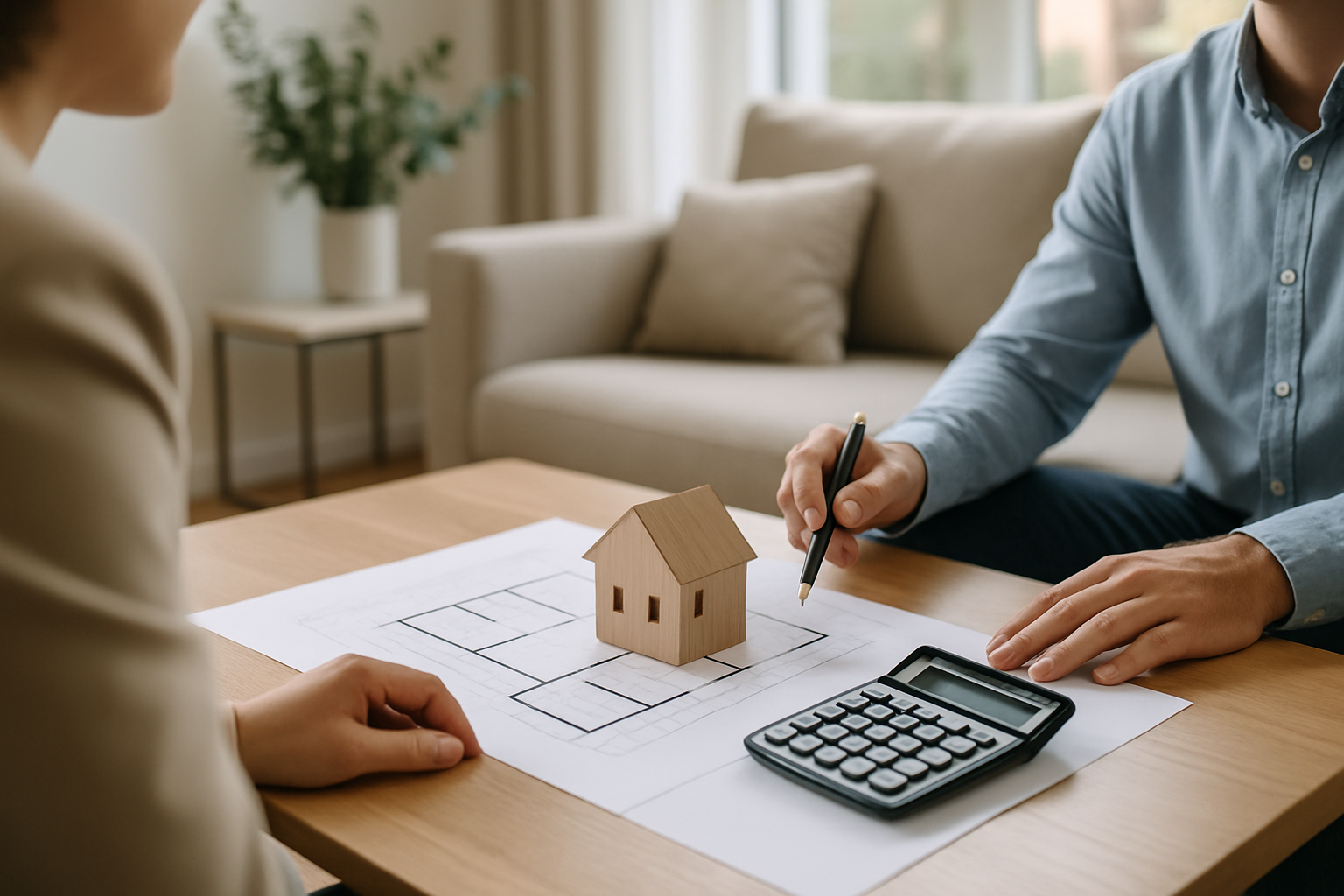 Soggiorno moderno con documenti e calcolatrice che richiamano la pianificazione di un mutuo per l'acquisto di casa