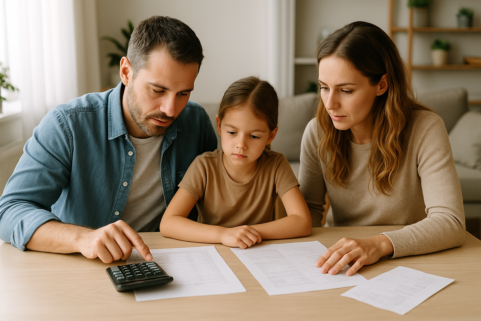 Famiglia che calcola il budget mensile per valutare la sostenibilità della rata del mutuo