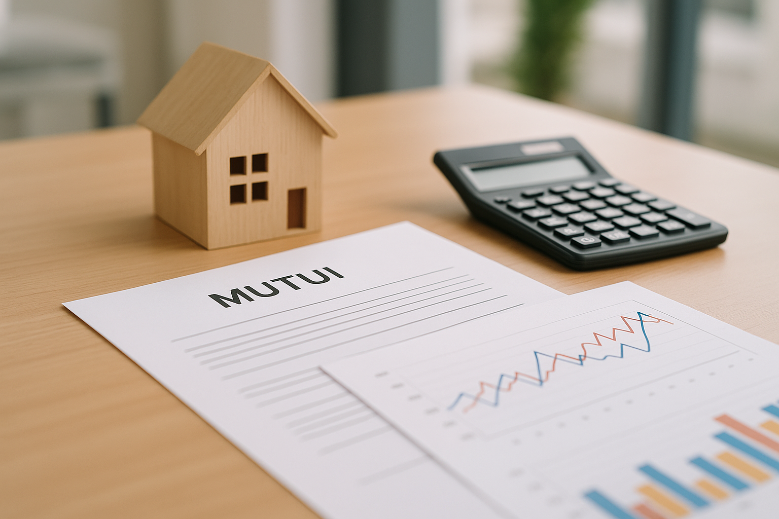Calcolatrice e documenti di mutuo con grafico economico che suggerisce variazioni dei tassi