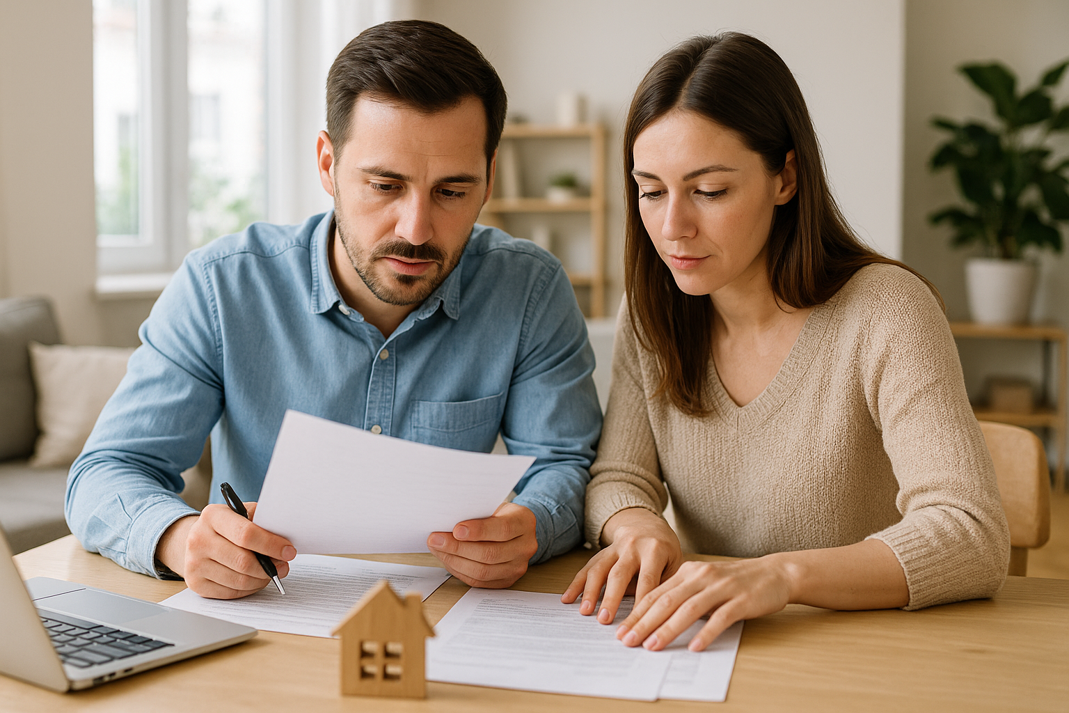 Coppia che valuta documenti per il mutuo prima casa in un appartamento luminoso