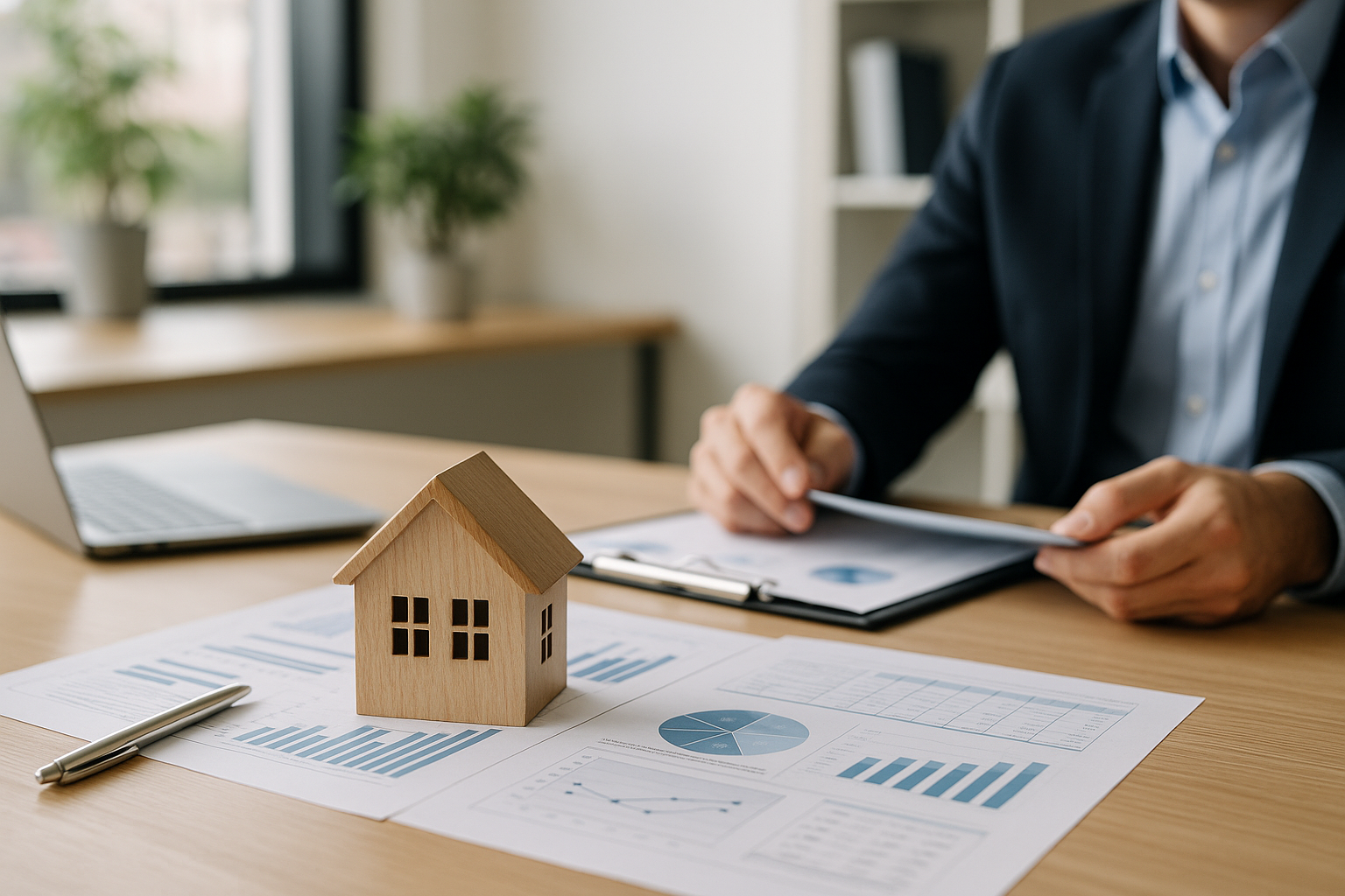 Documenti di mutuo su scrivania con modellino di casa, simbolo del credito immobiliare