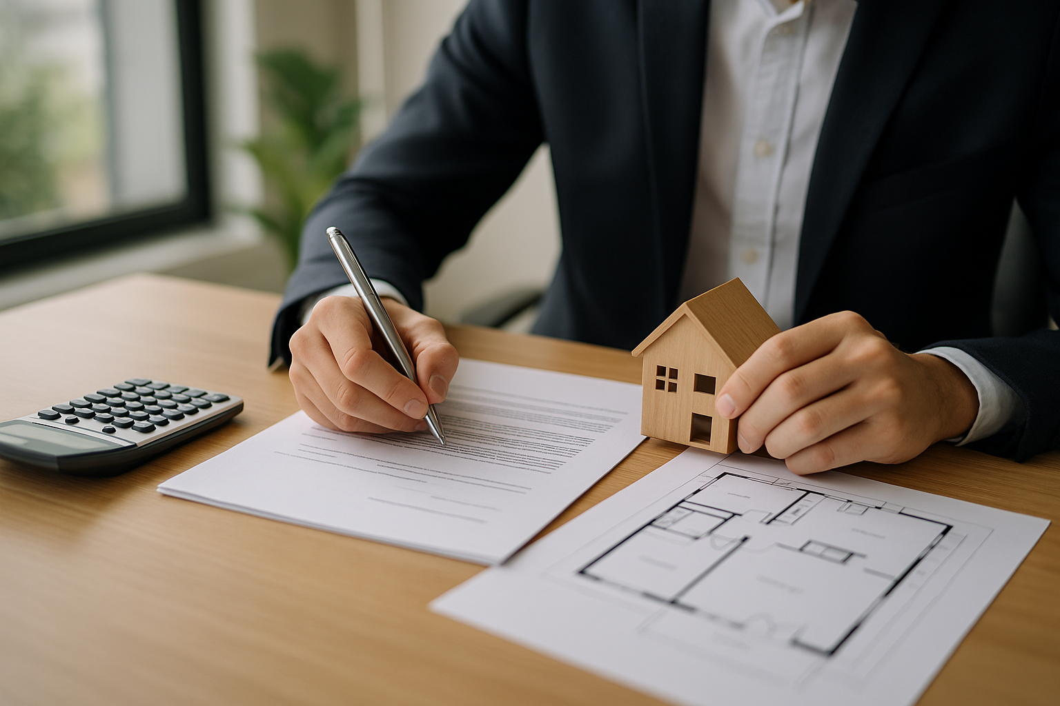 Documenti per mutuo casa con calcolatrice e planimetria su una scrivania