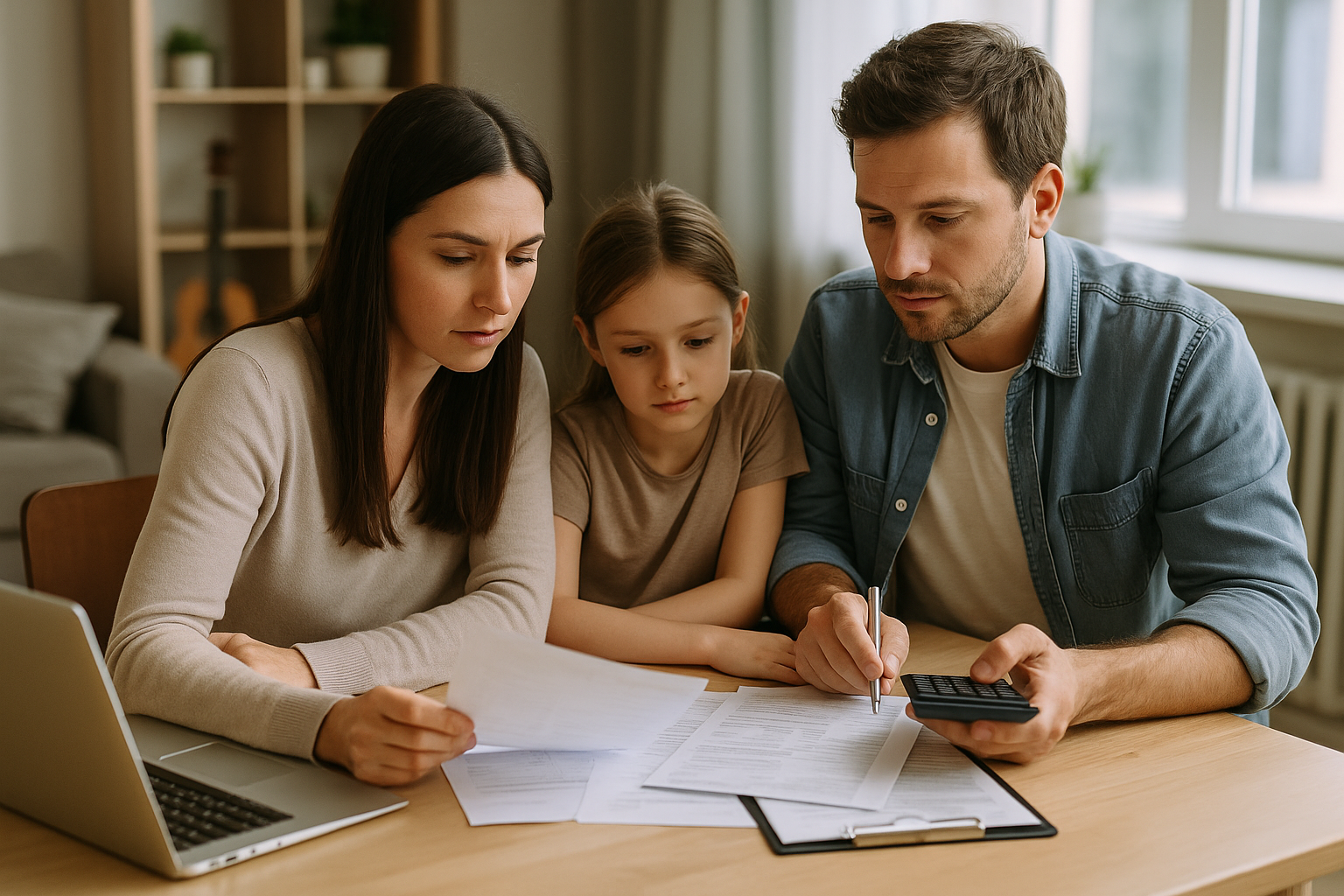 Famiglia che valuta il budget domestico e le condizioni del mutuo durante un periodo di inflazione