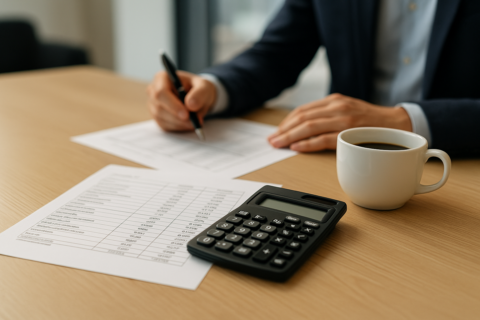 Calcolatrice e fogli di budget su una scrivania per valutare un prestito per liquidità