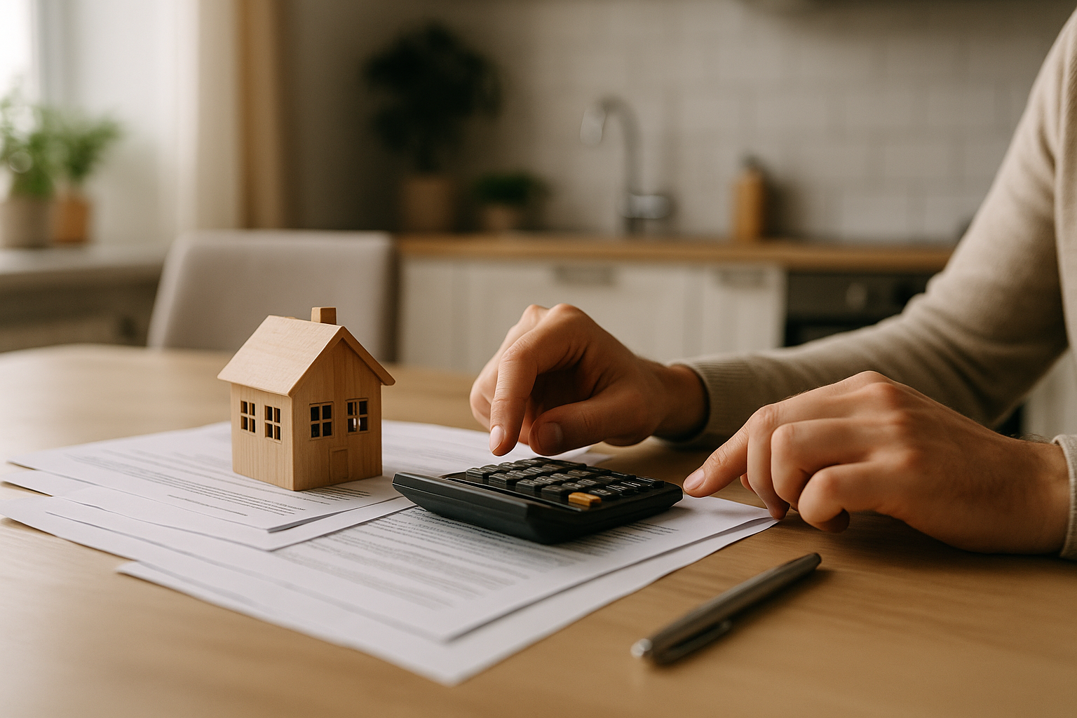 Famiglia che valuta documenti di mutuo e budget domestico sul tavolo di casa