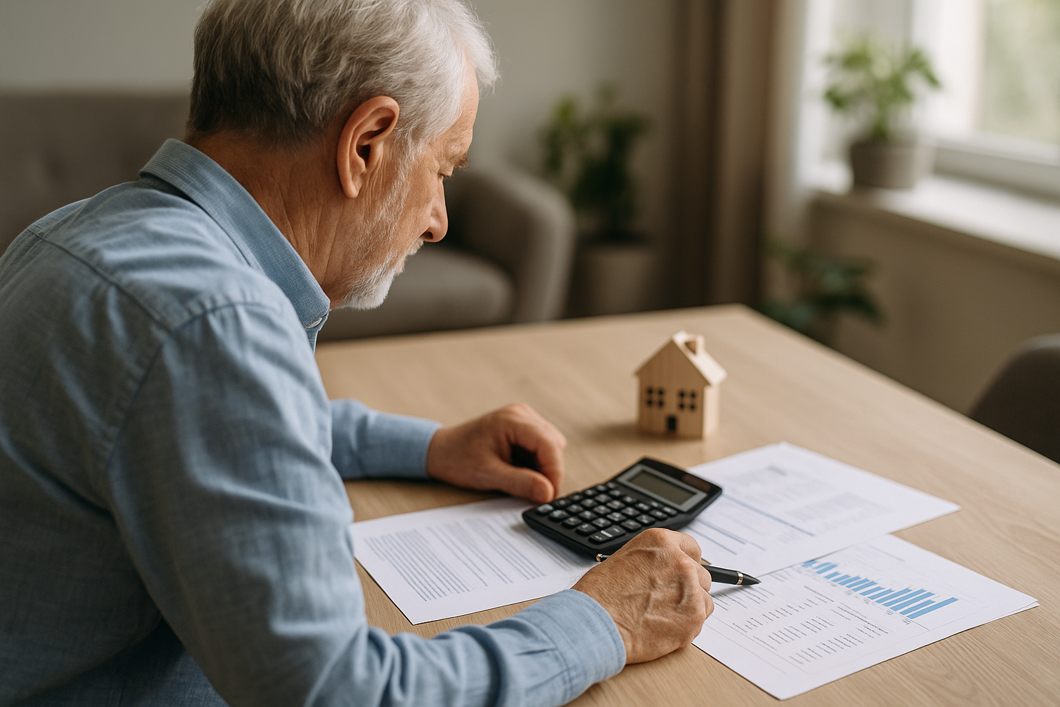 Documenti e calcolatrice su una scrivania, simbolo della valutazione di un prestito per pensionati
